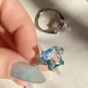 Anillo de diamantes de imitación Versa transfronterizo para mujer, microincrustado, exquisito, pequeño, imitación Topacio, azul marino claro, cuadrado, índice rosa para niña