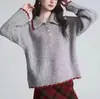 Novo suéter de tricô com gola polo de renda color block vintage para outono e inverno, top casual versátil para moda feminina