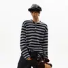 Camiseta de manga larga de retazos a rayas estilo miu con botones de cuerno, unisex, suéter casual de otoño moderno de corte holgado, top simple