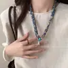 Lenço de seda floral azul profundo Colar Pensamentos Noturnos Azuis Gota d'água para Mulheres Corrente para Pendurar no Pescoço Clavícula Acessório de Corrente para Pescoço Versátil