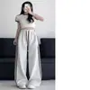 Pantalones de Chándal Blancos y Grises para Mujer Tallas Grandes Primavera/Verano Delgados Pierna Recta Pierna Ancha Rayados Sueltos Estilo Bf Perezoso Joggers