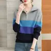 Suéter de punto con cuello solapa y media cremallera, bloques de color y rayas para mujer, estilo perezoso de primavera y otoño, jersey con base de punto, venta al por mayor transfronteriza