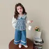 Conjunto de tres piezas de encaje de lunares estilo coreano para niñas, nuevo atuendo de moda de primavera y otoño 2026 para niñas pequeñas