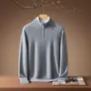 Suéter de cashmere 100% puro para homens, com zíper parcial, gola alta, para outono e inverno, cor cinza, malha business casual, leve e luxuoso