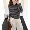 Camiseta Base de Punto Bordada a Rayas con Cuello de Muñeca Estilo Nuevo 2025 para Mujer, Elegante Top para Mujer Tallas Grandes, Suéter de Otoño e Invierno