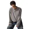 Camiseta de manga longa com padrão espinha de peixe texturizado para homens, estilo retrô americano de outono, moderna, modelagem solta, tamanho grande, top casual com gola henley