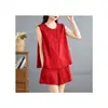 Conjunto feminino de verão, solto e respirável, com gola redonda, sem mangas, plus size, colete de botões e shorts, moda simples e versátil