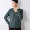 Suéter de punto de alta gama listo para usar para mujer, con cuello en V y manga larga, corte holgado, adecuado para primavera y otoño, top tipo camiseta base sin costuras