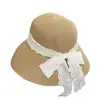 Chapéu de Pescador Estilo Novo com Laço Doce, Fita, Corrente de Pérolas, Chapéu de Palha de Aba Larga, Chapéu de Sol para Proteção Solar em Férias na Praia