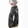 Pantalones casuales de pierna recta para mujer, estilo retro americano 2026 con estampado de calavera y estampado de leopardo, nuevo estilo de otoño con dobladillo deshilachado, elegantes