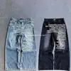 Jeans Masculino Lavado com Estampa de Letras Retro Americano Novo do Aliexpress, Calça Solta Street de Comprimento Total