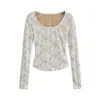 Camiseta blanca de manga larga con encaje y cuello en U para mujer, adecuada para verano y otoño, corte ajustado, elegante, top básico puro y sexy