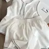 [En Stock] Pijama sin Mangas de Bloques de Color Sencillos Bordados Estilo Coreano para Mujer, Shorts Nuevos de Verano, Conjunto de Ropa para Casa para Usar como Exterior