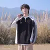 Código color contrastante en camiseta de cuello redondo de manga larga para hombre, capa base media, suelta, moderna, marca, talla grande, cremallera, extragrande, juvenil, otoño