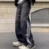 Pantalones de Mezclilla Rayados Negros para Hombre Primavera y Otoño Estilo Retro Americano Pantalones de Tres Rayas High Street Caída Sueltos Rectos