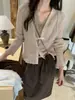 Cardigan de Otoño para Mujer Estilo Coreano Texturizado Simple Casual Versátil Adelgazante Cuello en V Manga Larga Té Verde Limón 11266