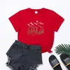 Camiseta feminina de manga curta com estampa de montanha, camiseta feminina casual europeia e americana para acampamento e piquenique