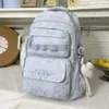 Fondo azul claro suave con lunares, mochila refrescante y relajante, estilo universitario coreano, mochila escolar con múltiples compartimentos para estudiantes de secundaria y preparatoria