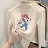 Camiseta de base feminina DeRong, estilo outono/inverno, top casual estampado de gola alta, peça íntima de manga longa para outono e inverno