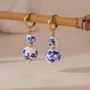 Brincos de Porcelana Azul e Branco Retrô Novo Estilo Chinês Amor Estrela de Cinco Pontas Brincos de Cerâmica para Mulheres Aço Inoxidável Venda Quente Transfronteiriça Atacado