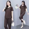 Traje de Verano Talla Grande Moda Casual Elegante Moderno Adelgazante de Gama Alta Camiseta de Manga Corta Pantalones Capri Conjunto de Dos Piezas Ropa para Mujer