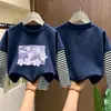 Camiseta de algodón 100% pura para niñas, nuevo estilo primavera/otoño, camiseta interior, manga larga, diseño de patchwork, parece un conjunto de dos piezas, adecuada para niñas pequeñas y mayores.
