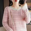 Estilo Nuevo Primavera y Otoño 100% Algodón Tejido Cuello Redondo Versión Coreana Simple Rayas de Color Contrastante Manga Larga Moda Top para Mujer