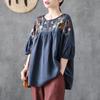 Camiseta de Manga Corta con Cuello Redondo Bordada Estilo Retro Japonés Transfronteriza para Mujer, Camisa Holgada Tipo Muñeca, Top de Algodón de Manga Cinco Cuartos Nuevo en Verano