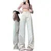 Jeans Casuais com Design Floral Feminino Verão Novo Estilo Americano Cintura Alta Emagrecimento Reta Solta Perna Larga Calças Longas