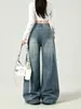 Jeans de mezclilla vintage de estilo americano de moda para mujer, con un pequeño bordado de perro, lavado de peso pesado, pierna recta, corte holgado y longitud larga.