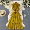 Vestido Estilo Francês Feminino Resistente Pregueado Renda de Borda de Orelha Cadarço Cintura Ajustada Ruffle Chiffon Saia Bolo