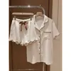 Estilo suave y sencillo, agradable para la piel, pijama de gasa de algodón de doble capa, nicho, para mujer, nuevo conjunto de pijama de manga corta y shorts para primavera-verano, se puede usar fuera