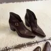 Fashionista~Botines de punta estilo retro para mujer, hebilla de cuero, tacón grueso, para personas bajas, también botines, versátiles, adelgazantes, Dr. Botas estilo Martens