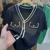 Top de punto con cuello en V y manga corta estilo Chanel para mujer, elegante y juvenil, chaqueta con bloques de color nuevo para el verano 2025