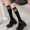 Meias 3/4 Femininas, Cor Sólida Preto e Branco com Painéis de Renda, Meias Finas de Cano Alto para Primavera e Verão, Meias de Princesa em Veludo, Respiráveis