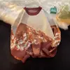 Tricô Jacquard Artístico Elegante Yanyu 20258 Nova Moda Outono Cor Contrastante Manga Longa Gola Redonda Top Solto