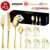 Conjunto de talheres de aço inoxidável 1010 para exportação da Amazon, hotel, banhado a titânio, faca de bife ocidental, garfo, colher, colher de chá, conjunto de 24 peças