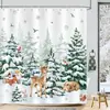 Cortina de chuveiro com padrão de combinação de cena de neve de Natal exclusiva transfronteiriça, carro vermelho, pinheiro, pássaro vermelho, montanha, não requer perfuração, vem com 12 ganchos
