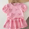Roupas para Bebês Meninas 0-3A Top de Verão Manga Curta com Estampa de Laço + Saia para Menina Bebê em Estoque