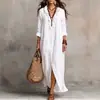 Camisa Longa Feminina Lisa com Gola V e Babados para Primavera, Verão e Outono, Estilo Preguiçoso Casual com Botões