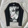 Camiseta de manga curta e longa com estampa de retrato escuro de subcultura, estilo gótico punk desgastado, camiseta básica de gola redonda para garotas estilosas