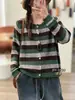 Cárdigan de Punto con Raya de Contraste Otoño Nuevo Retro Artístico Cuello Redondo Estilo Perezoso Versátil Casual Abrigo Suéter Mujer