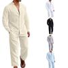 Roupa Esportiva Transfronteiriça Nova Europeia e Americana Masculina Cor Sólida Linho Manga Longa Calça 2 Peças Tendência Versátil Terno Masculino