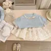 Conjunto de Verão Doce para Meninas Ningli: Camiseta de Tricô de Manga Curta e Saia de Renda em Camadas Conjunto de Duas Peças para Bebês, Estilo Moderno