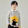 Suéter de punto grueso para niños de otoño e invierno, 100% lana pura, con cuello redondo, mangas raglán, jacquard de estrellas y pingüinos, jersey cálido de capa base