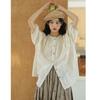 Camisa francesa de manga corta con cuello redondo plisado y bordado de crochet, estilo relajante y adelgazante, para mujer, novedad de verano de 2024