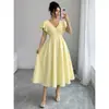 Novo Vestido Longo Feminino de Verão Estilo Francês Elegante Casual Cor Sólida Com Babados Decote V Linha A