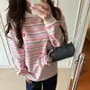 Camiseta de Manga Larga a Rayas con Paneles de Color Contrastante Estilo Coreano para Mujer en Primavera y Otoño Holgada Casual Versátil Reductora de Edad Tops de Nicho