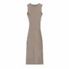 Elegante vestido de tirantes estilo francés color caqui para mujer, cuello redondo, ceñido a la cintura, ajustado, nuevo vestido largo bodycon simple de verano