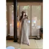 Vestido longo de verão retrô sexy com gola de rede tie-dye, cintura alta, corte justo, tipo camisola, para mulheres em tecido transparente